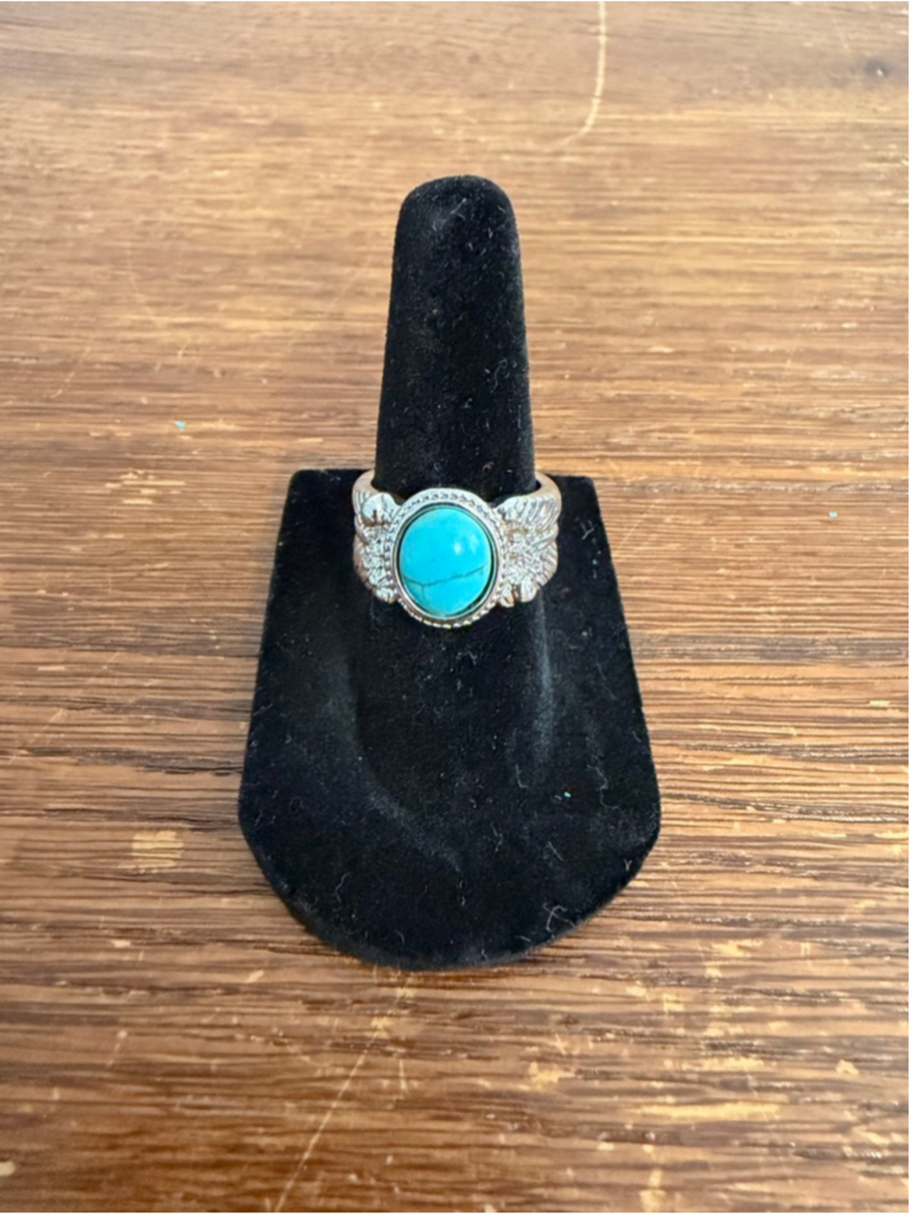 Turquoise Feather Ring Size 7 Silver Tone Boho Western Statement Ring
